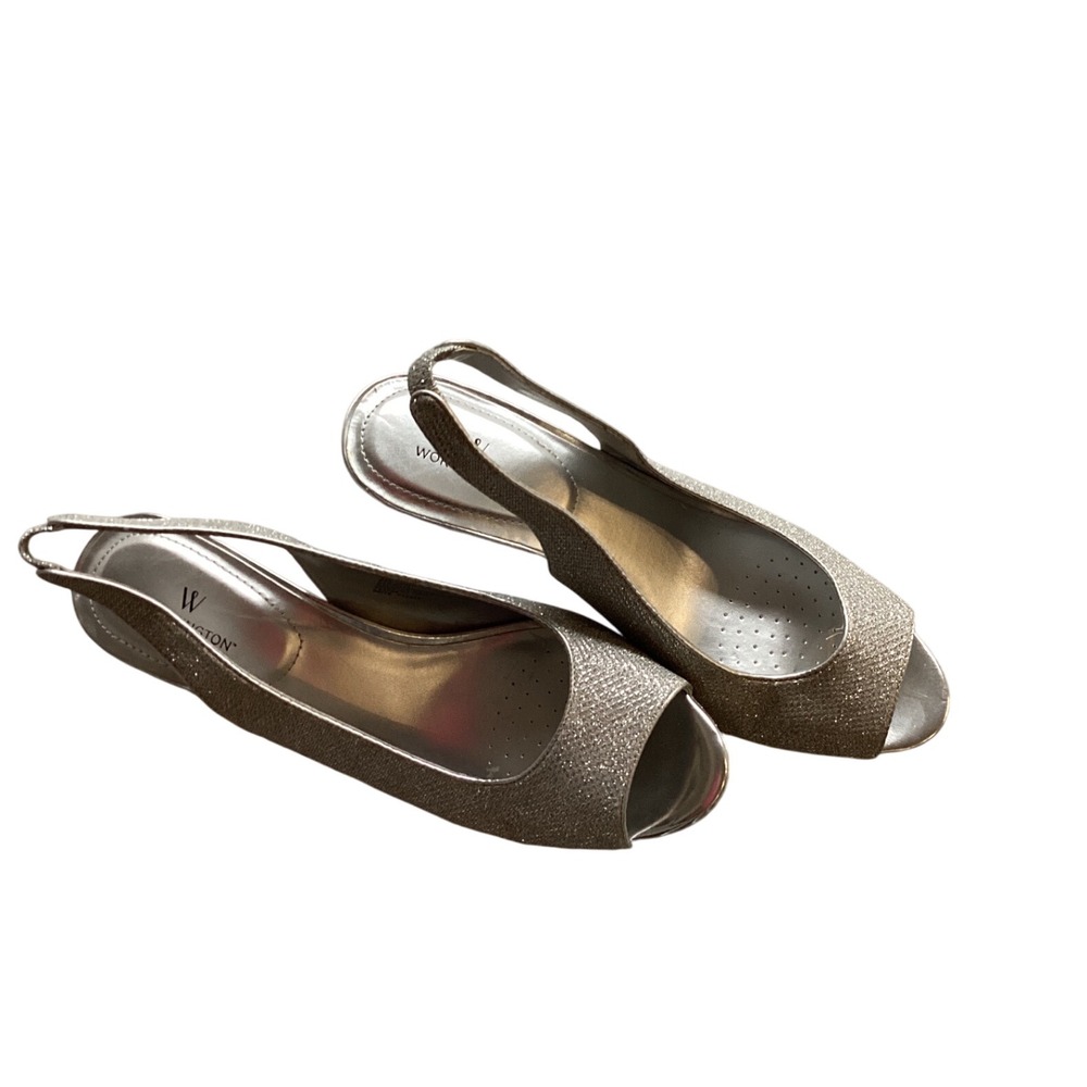 Worthington Women's‎ Silver Glitter Peep Toe Slingback Heels Size 8M
